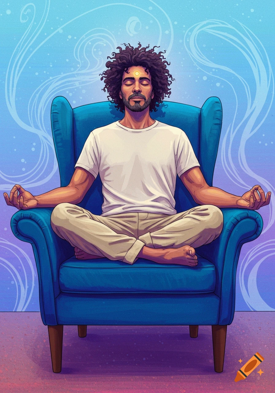 An illustrated man meditating in a blue armchair with eyes closed, hands in mudra, against a vibrant, swirling background.