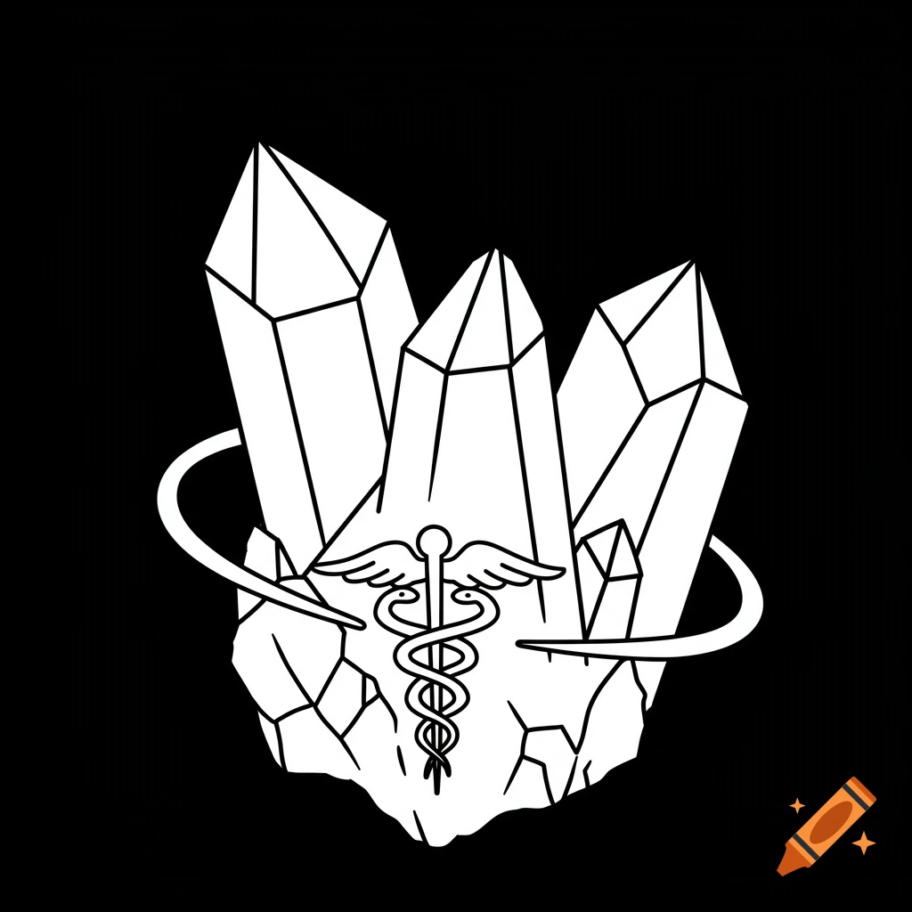 A black and white clipart illustration of a medical caduceus symbol in front of and surrounded by several quartz crystals.