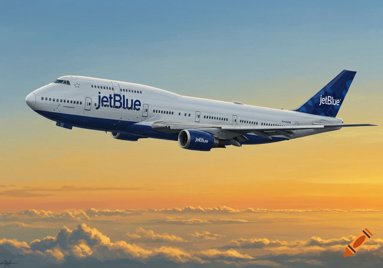A large JetBlue airplane, a Boeing 747, flies through a colorful sunset or sunrise sky above clouds.
