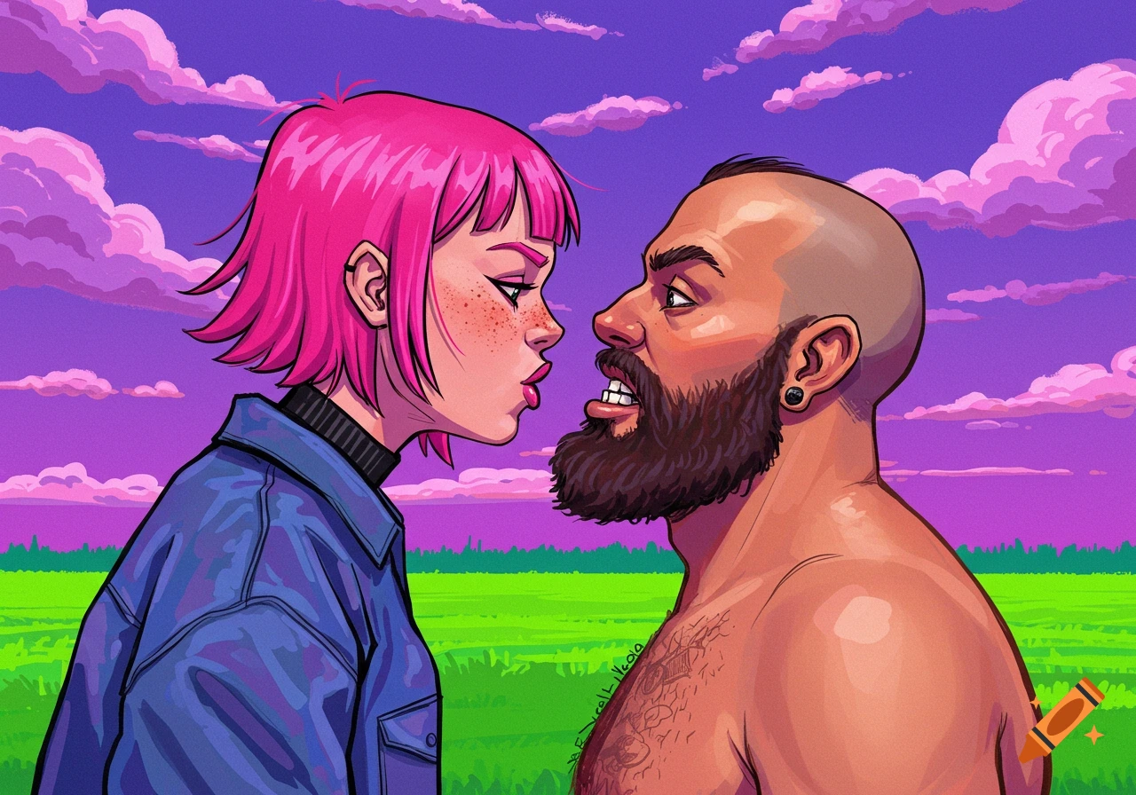 Stylized illustration of a pink-haired woman and a bearded man facing each other closely, set against a vibrant purple sky and green field.