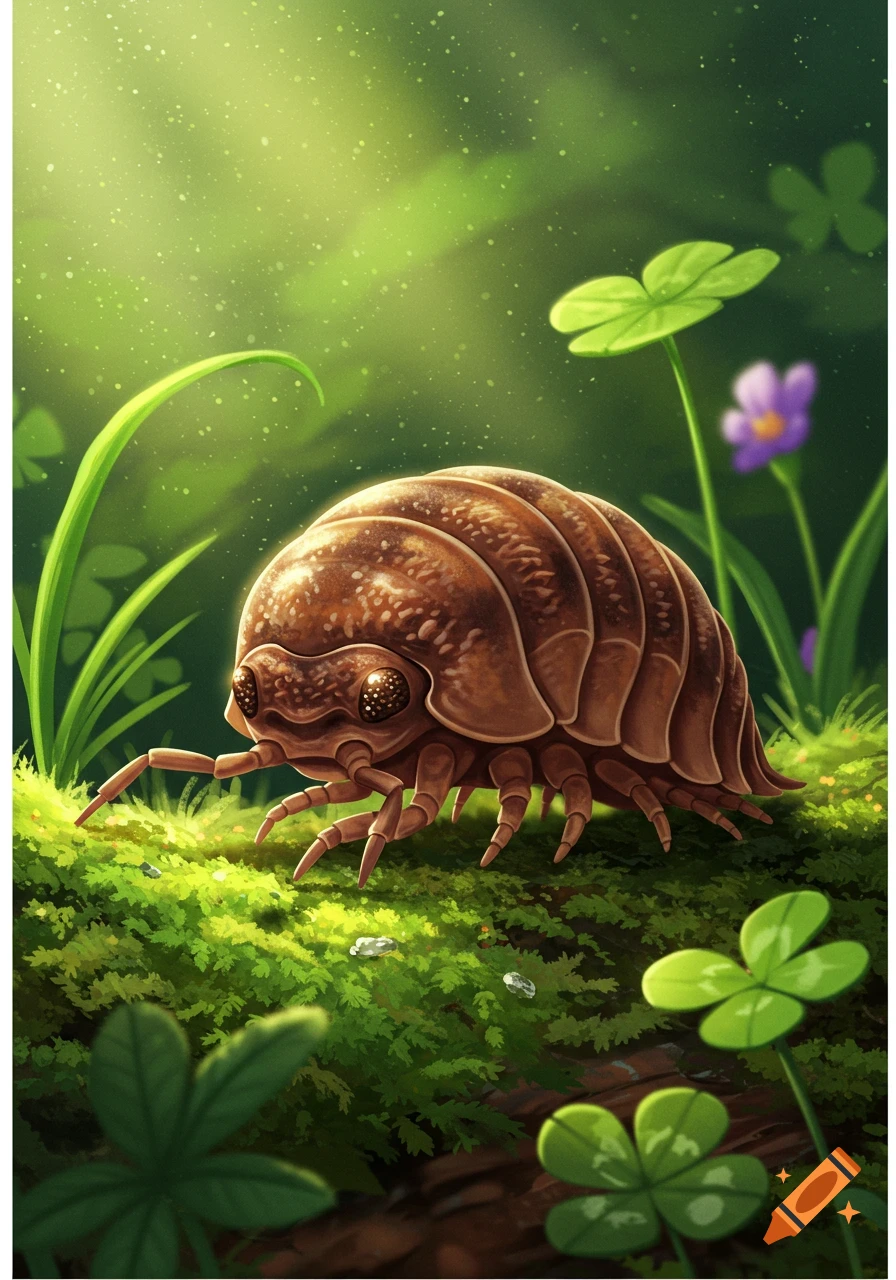 An illustration of a brown woodlouse on a mossy forest floor with green plants and clovers under dappled sunlight.