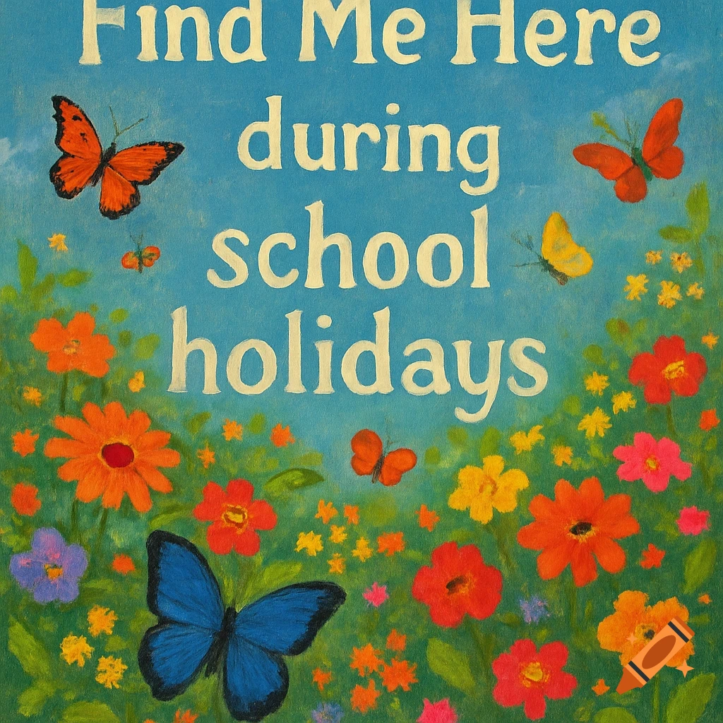 A vibrant illustration of a butterfly garden with a blue sky. The text 'Find Me Here during school holidays' is written across the top.