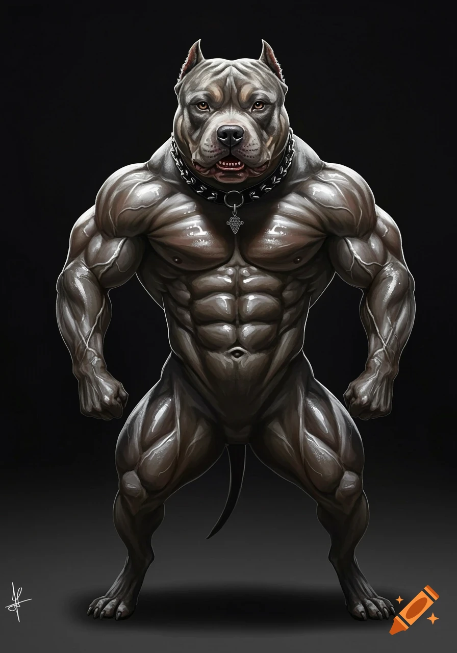 Highly detailed digital illustration of a standing, muscular gray pit bull with a shiny, oiled body.