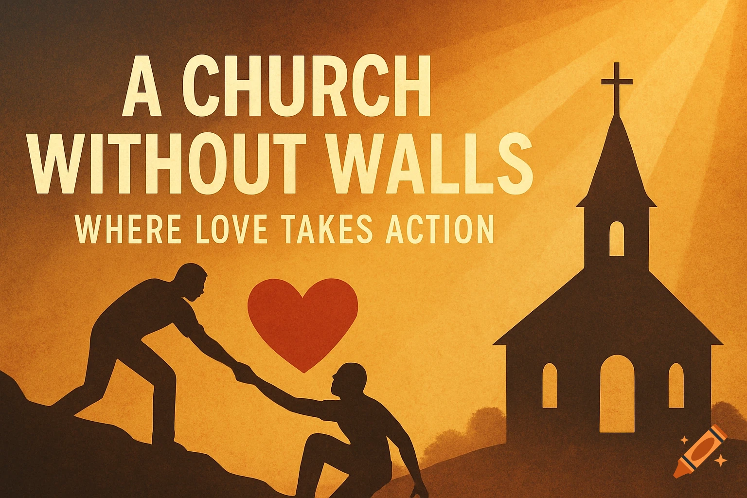 Silhouettes of two people helping each other, a red heart, and a church with a cross against an orange background with light rays. Text: A CHURCH WITHOUT WALLS WHERE LOVE TAKES ACTION.