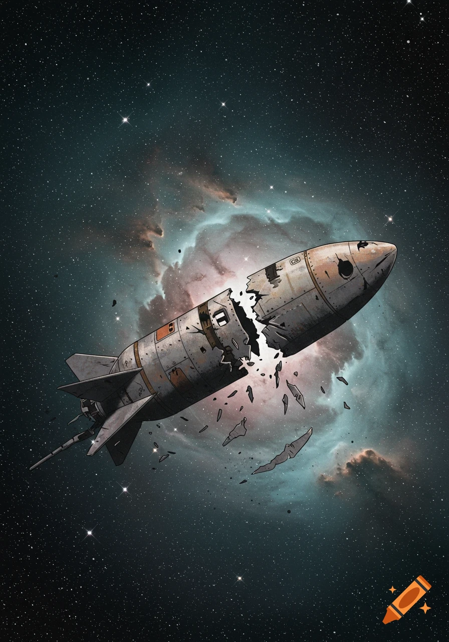 A broken rocket ship with debris floating in deep space, set against a colorful nebula and stars, in a lithograph style.