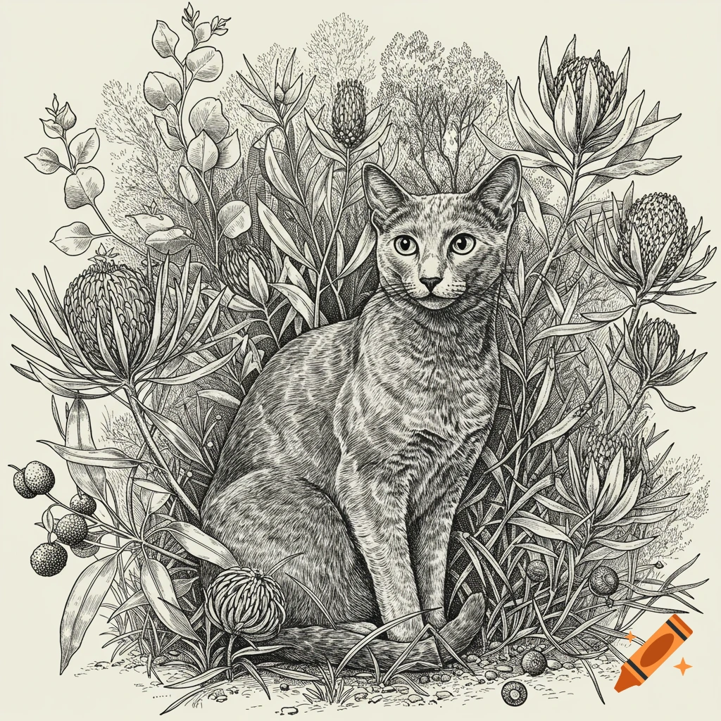 Vintage black and white ink bookplate illustration of a Russian blue cat sitting amongst native Australian vegetation.