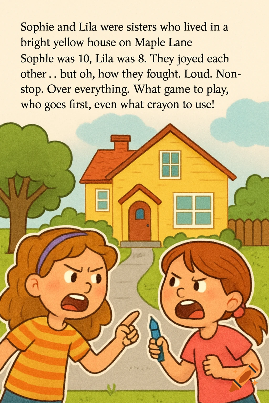 Two cartoon girls with angry expressions argue in front of a yellow house, in a children's book illustration.