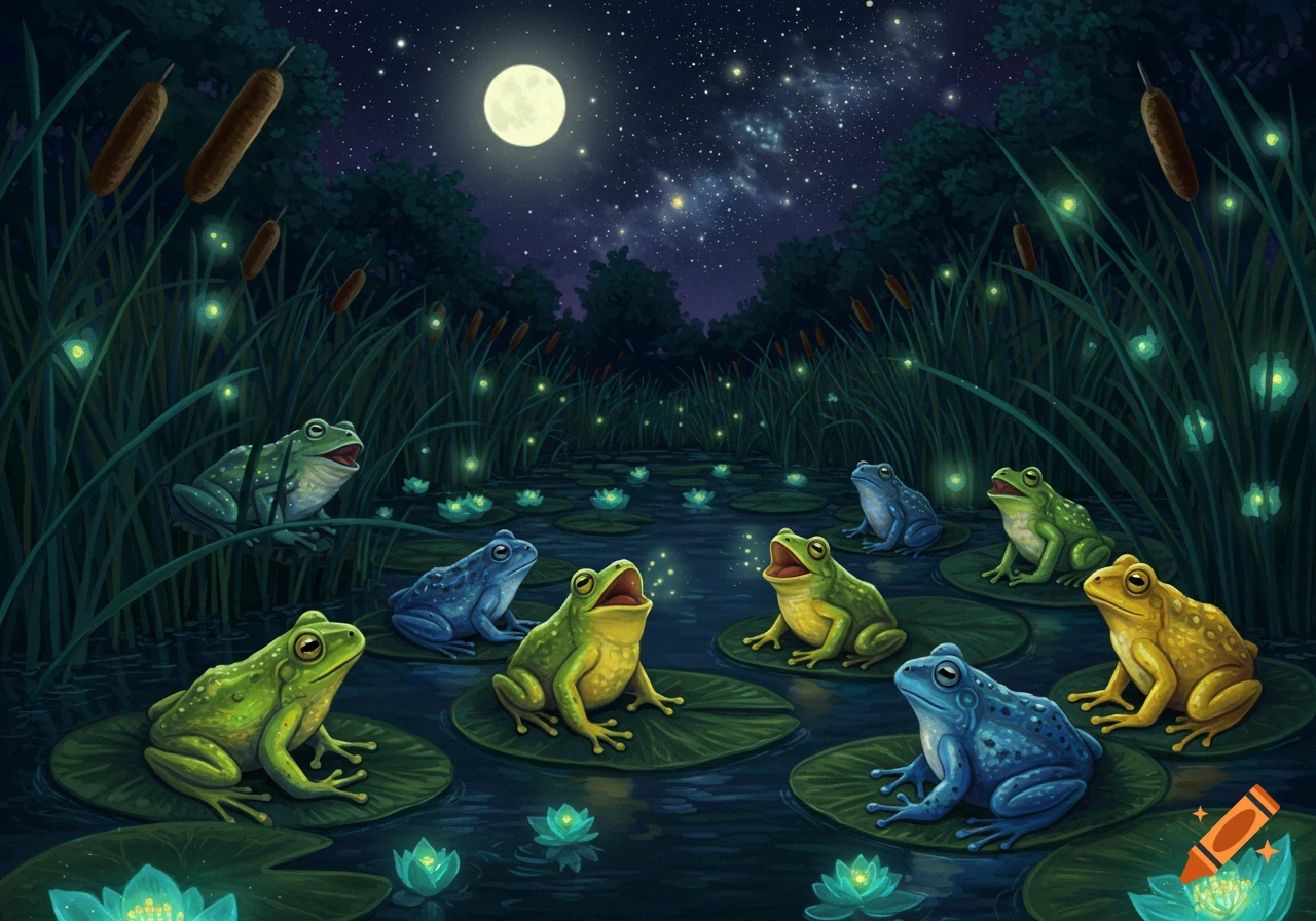 Colorful frogs on lily pads in a moonlit pond with fireflies and cattails at night, in an illustrated fantasy style.