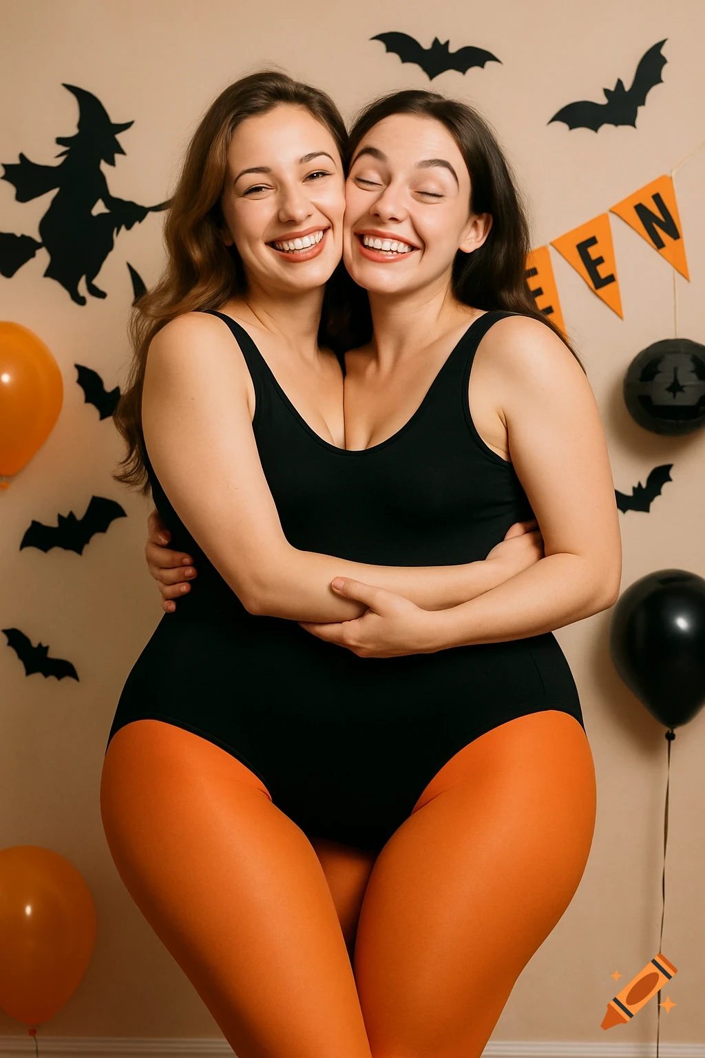 Two smiling women in a black leotard and orange tights create a two-headed illusion in front of Halloween decorations.