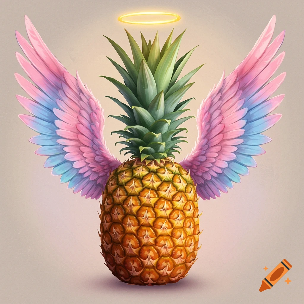 A whimsical illustration of a pineapple with vibrant pink and blue angel wings and a glowing golden halo.