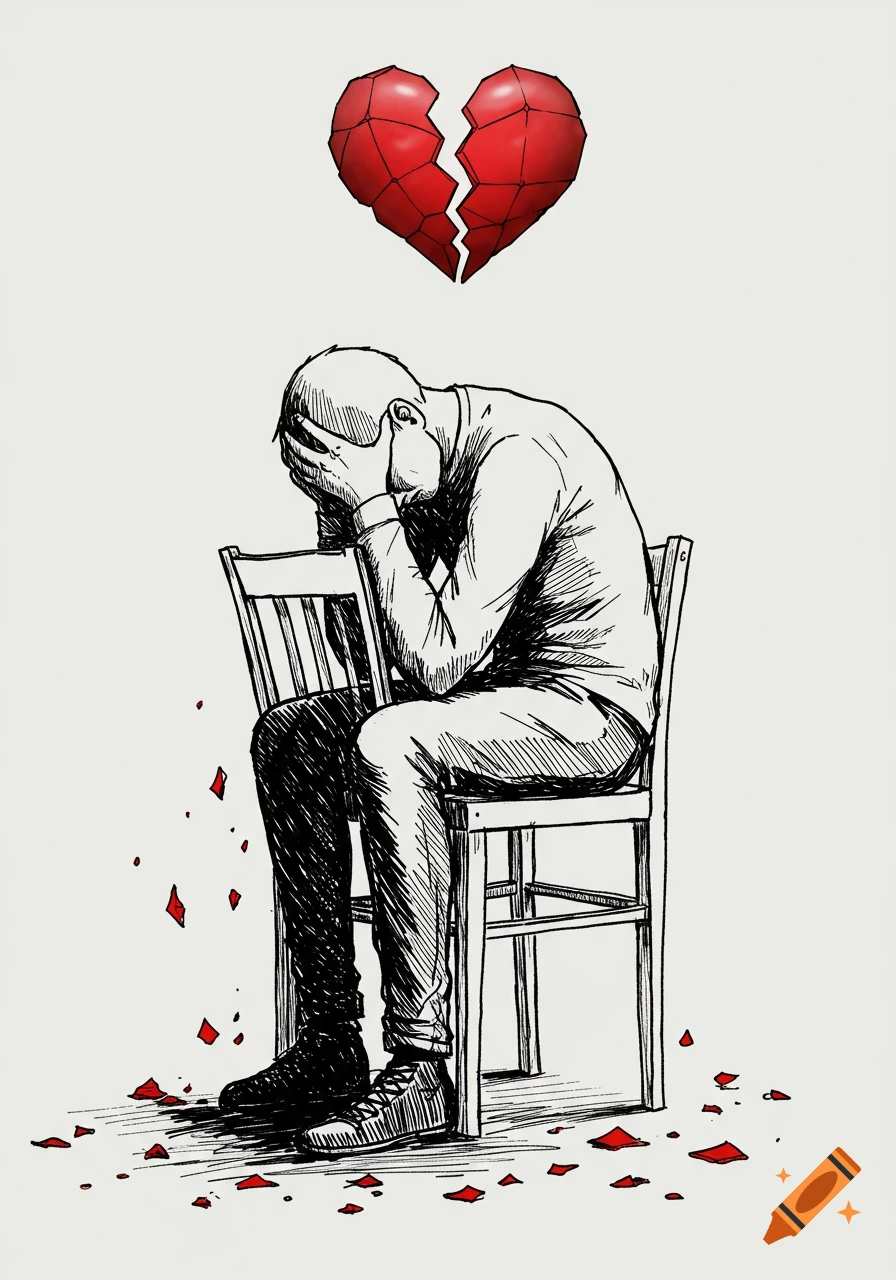 Black and white sketch of a man sitting with his head in his hands, a broken red heart floats above him with red shards on the floor.