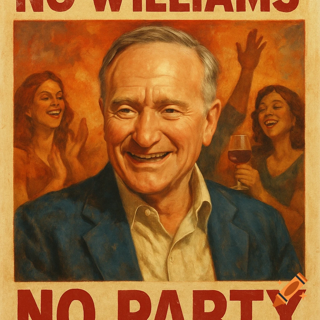Vintage-style poster of a smiling Robin Williams at a party with people in the background. Text reads 'NO WILLIAMS NO PARTY'.