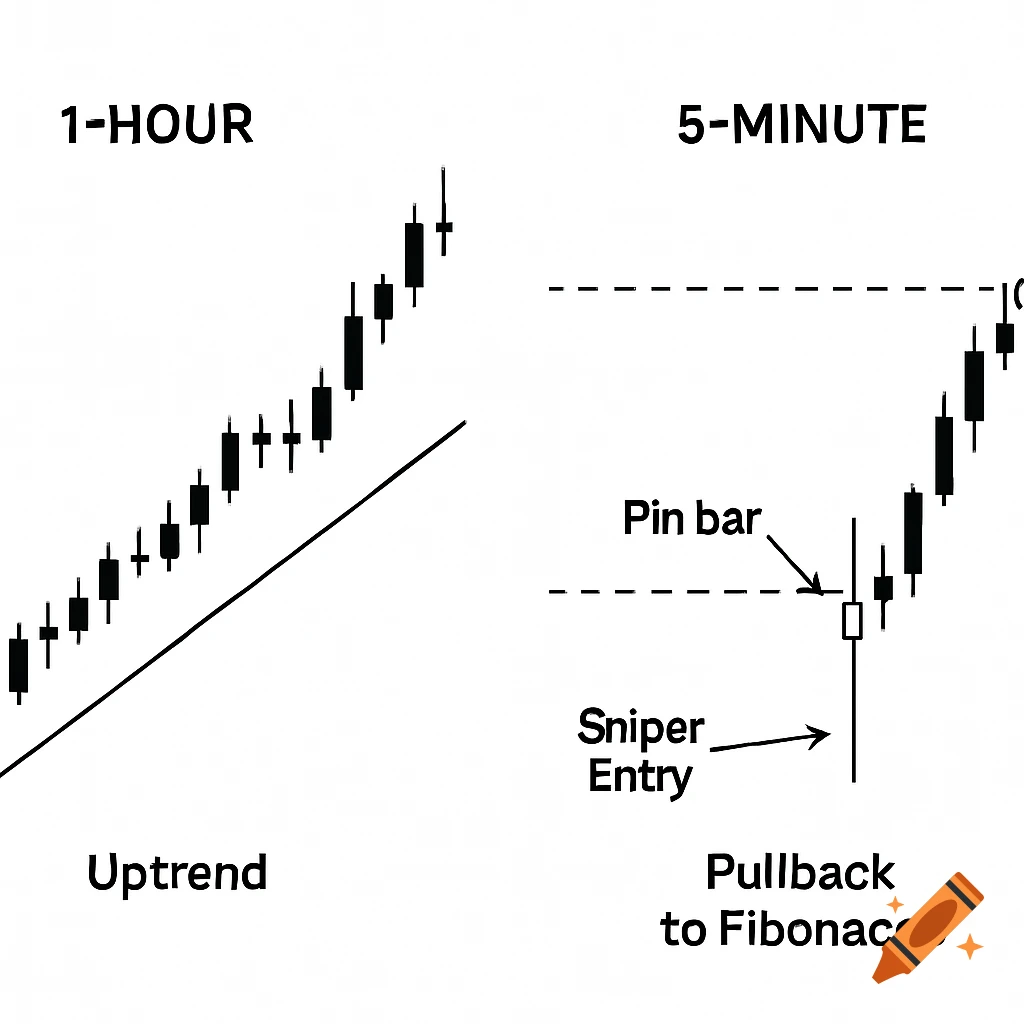 A side-by-side chart diagram for trading. The left shows a 1-hour uptrend with black candlesticks. The right shows a 5-minute pullback to Fibonacci with a pin bar marked by 'Sniper Entry'. The background is white.