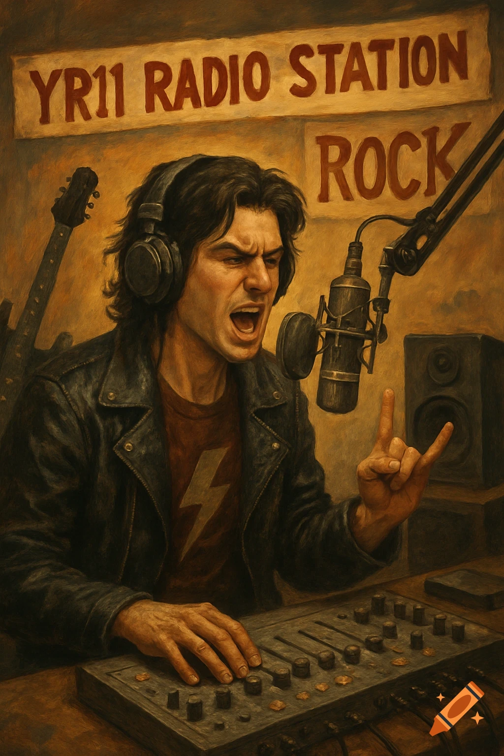 A male rock DJ shouts into a microphone at a radio station, making a rock-on gesture, in a gritty, painted style.