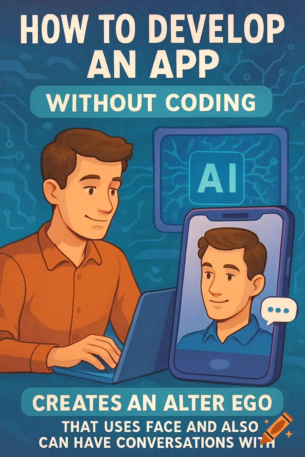 Cartoon of a man coding on a laptop, with a phone displaying his AI alter ego, and text about developing apps without coding.