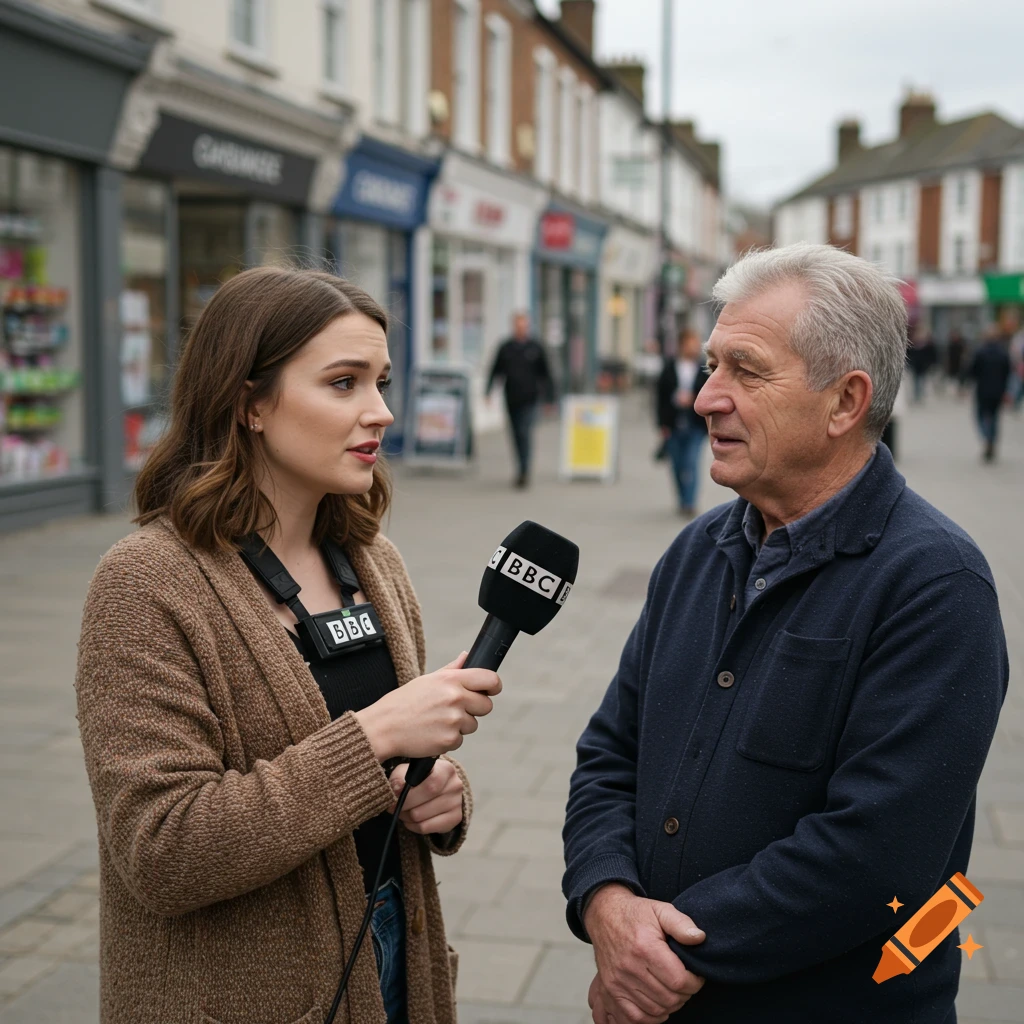 A female reporter holding a BBC microphone interviews an older man on a busy street. Photorealistic style.