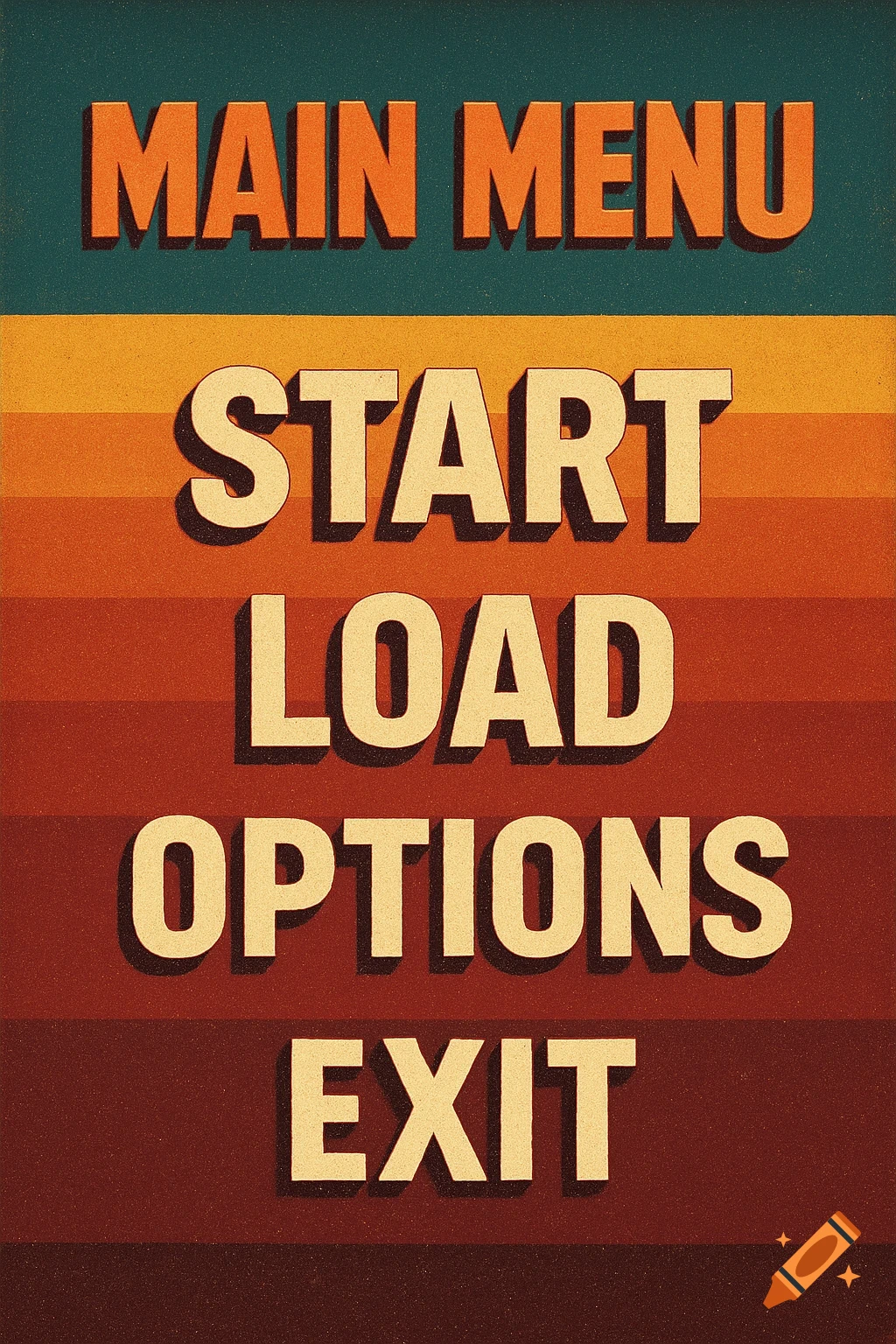 A retro main menu screen with 'MAIN MENU', 'START', 'LOAD', 'OPTIONS', 'EXIT' in blocky text on a striped background.