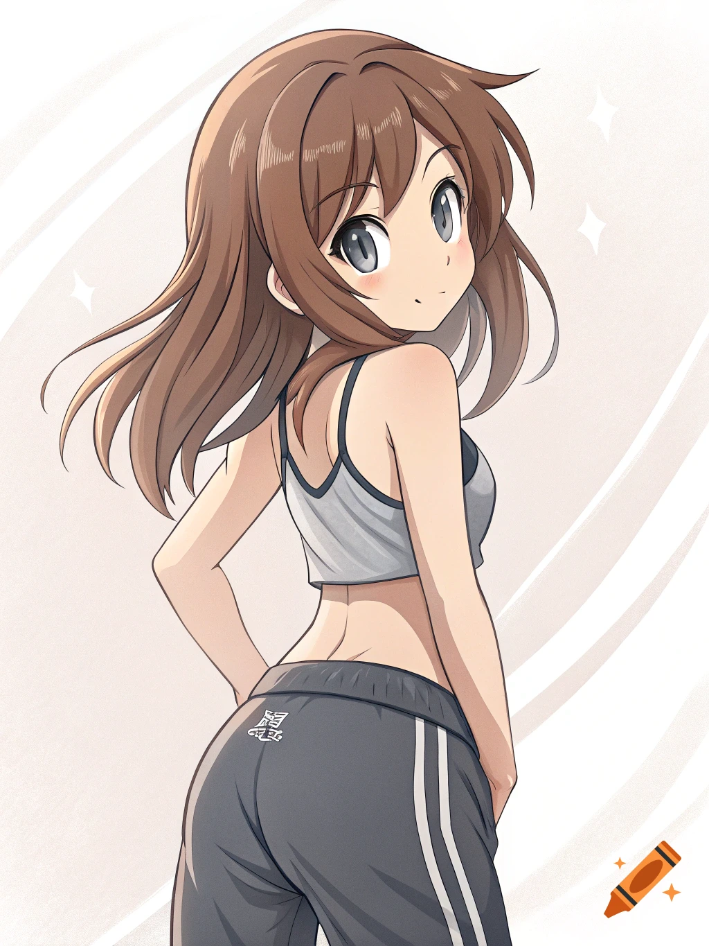 Anime girl with brown hair looking back over her shoulder, wearing a white sports bra and grey sweatpants with white stripes.