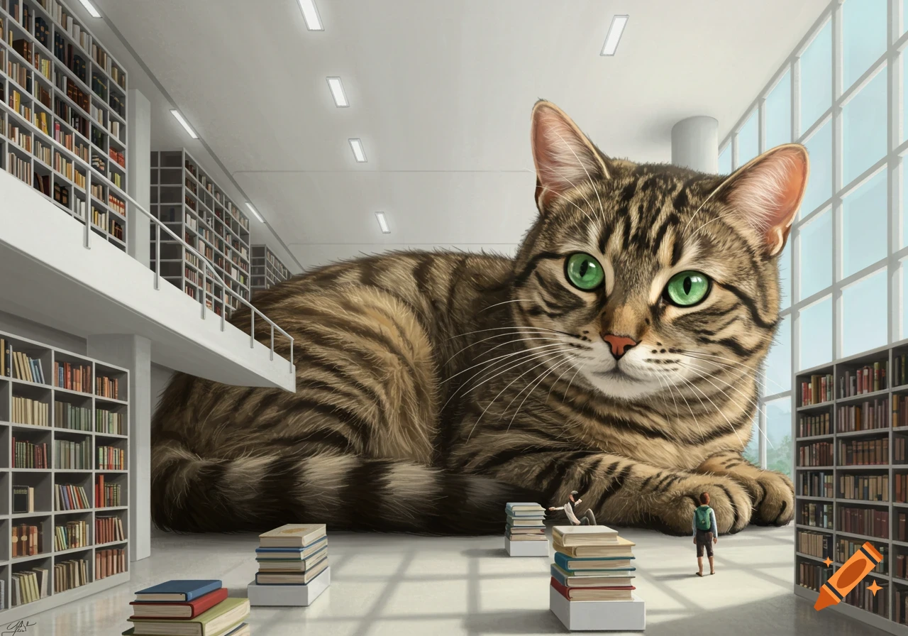 A giant tabby cat with green eyes lies on the floor of a modern library, surrounded by stacks of books and tiny people.