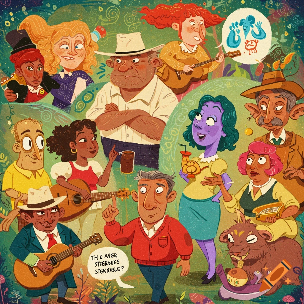 A colorful, stylized illustration depicting a large group of diverse, cartoonish characters with exaggerated features, some playing guitars.