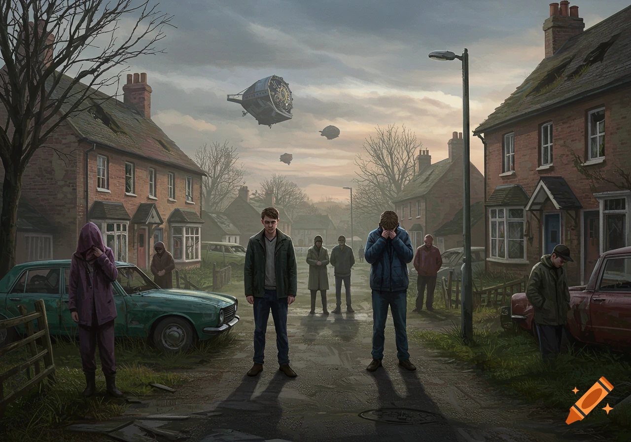 A dystopian scene of an abandoned English village with distressed people, broken cars, and large, ornate flying machines in a cloudy sky. Digital painting.