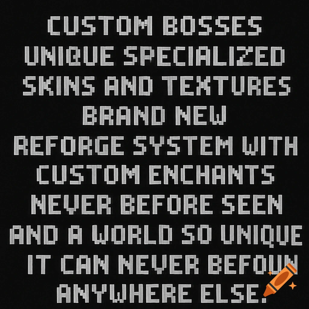 Pixelated white text on a black background, resembling an old video game font, advertising game features.