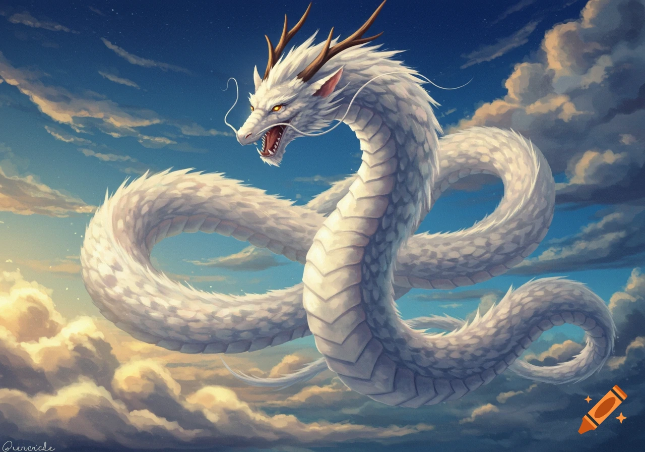 A majestic white dragon with horns and whiskers soars through a blue sky with fluffy clouds.
