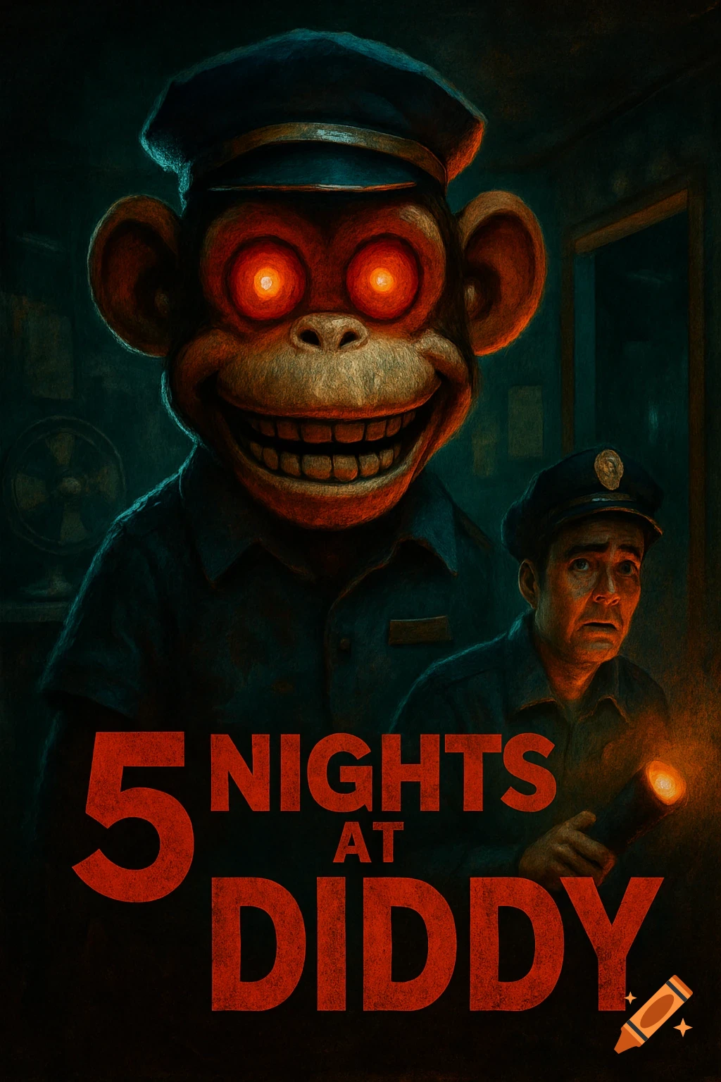 Horror movie poster featuring a giant, creepy monkey with glowing red eyes looming over a scared security guard holding a flashlight. Title reads '5 NIGHTS AT DIDDY'.