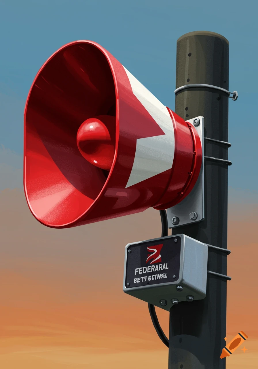 A red and white warning siren with a large bell and a control box featuring garbled text, mounted on a utility pole against a blue and orange sky.