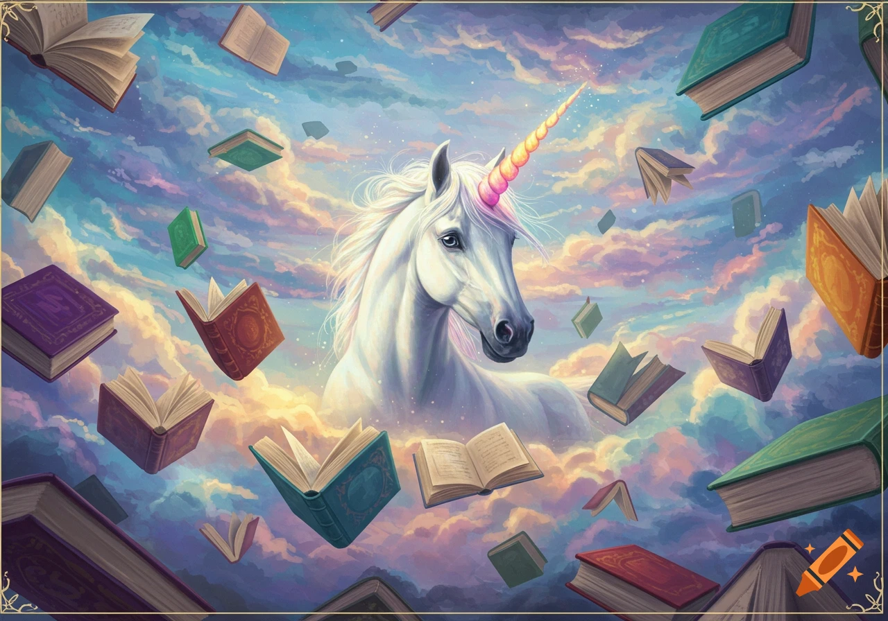 A majestic white unicorn with a pink and yellow horn floats among colorful flying books in a dreamy sky filled with pink, orange, and blue clouds.