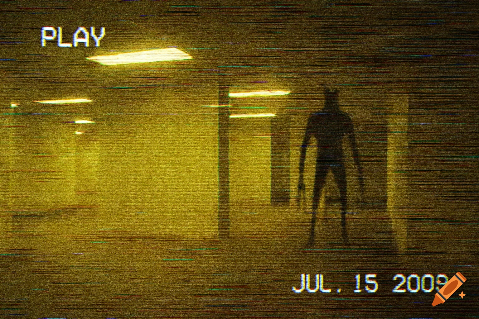 A creepy, grainy, VHS-style image of a shadowy monster in a yellow-walled Backrooms corridor with "PLAY" and "JUL. 15 2009" overlaid.