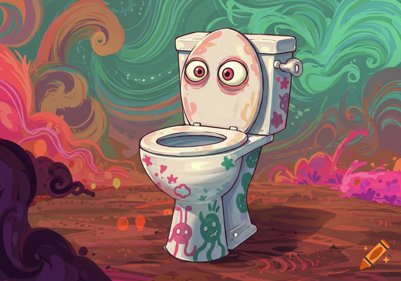 A whimsical, wide-eyed toilet with pink and green patterns stands against a swirling, vibrant abstract background.