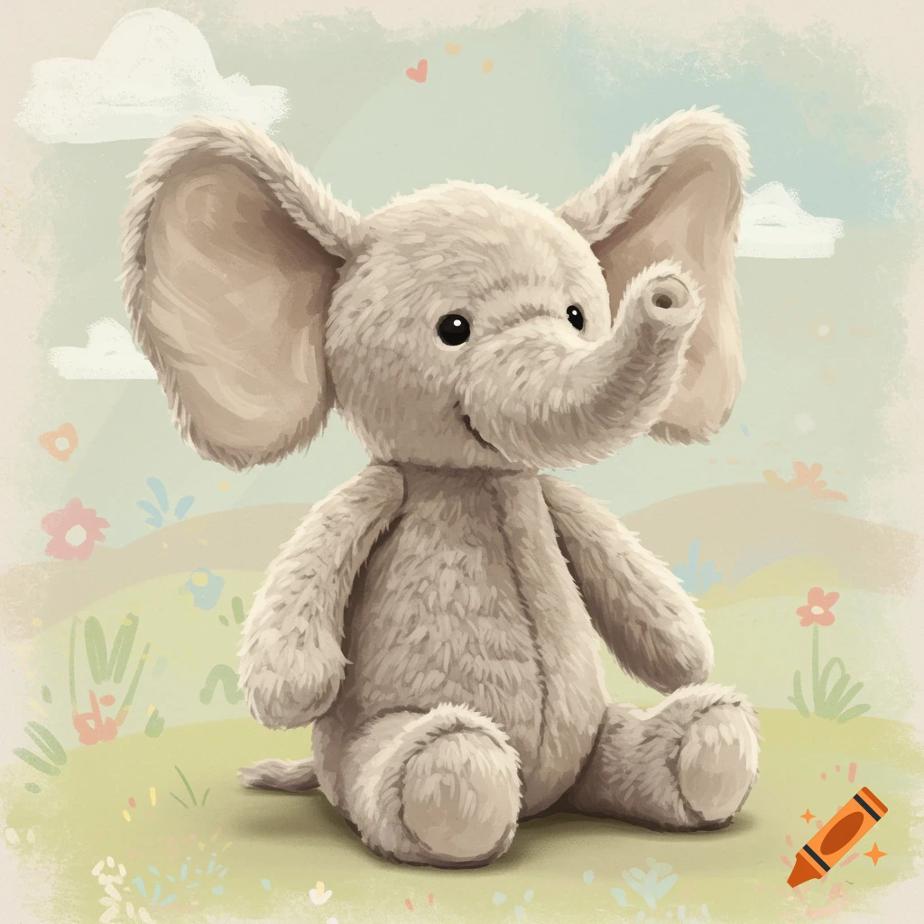 A cute, fluffy light gray plush elephant sits in a grassy field with colorful flowers and clouds in the background, in a watercolor style.