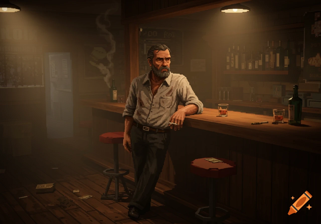 A pixel art image of a man with a beard leaning on a bar counter in a dimly lit pub, holding a cigarette.