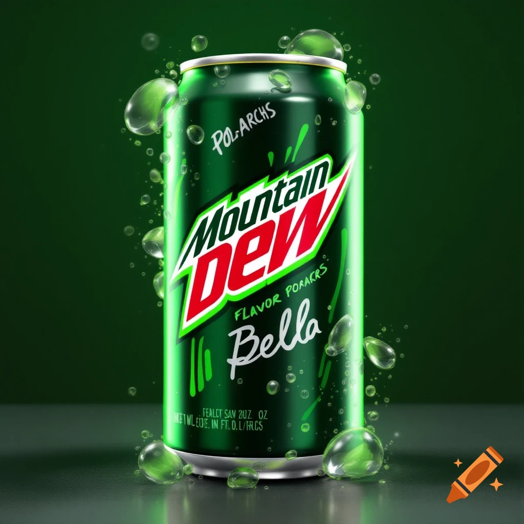 A vibrant green Mountain Dew can with the word "Bella" prominently displayed, surrounded by glistening water droplets.