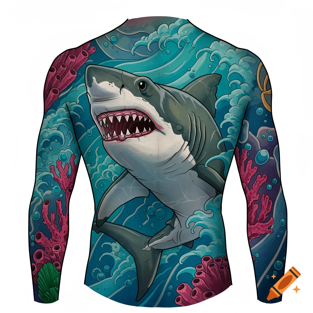 A colorful, stylized shark tattoo on a person's back, surrounded by blue waves and pink coral.