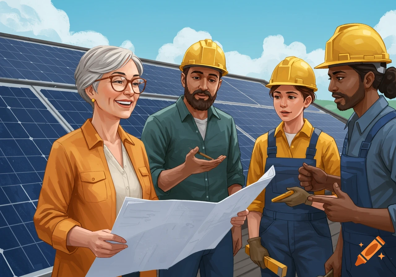 An illustration of four diverse people, including an older woman, two men, and a younger woman, in hard hats and work attire, reviewing blueprints in front of solar panels under a blue sky.