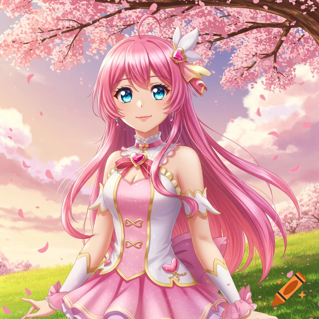 An anime girl with pink hair and blue eyes, wearing a pink and white dress, smiles under a cherry blossom tree with falling petals.