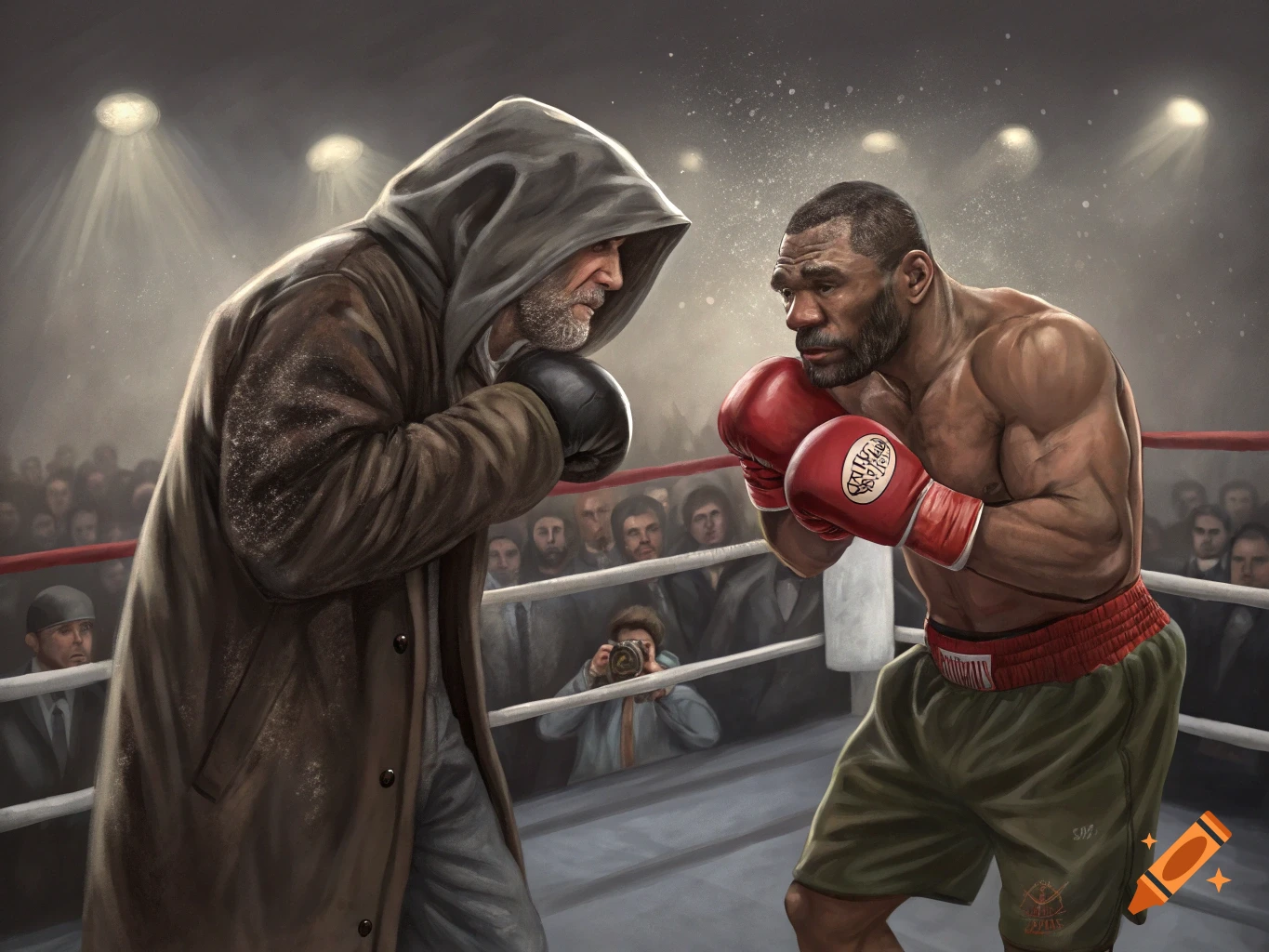 An illustration of two male boxers, one in a hooded coat and the other bare-chested, facing off in a boxing ring under bright spotlights.