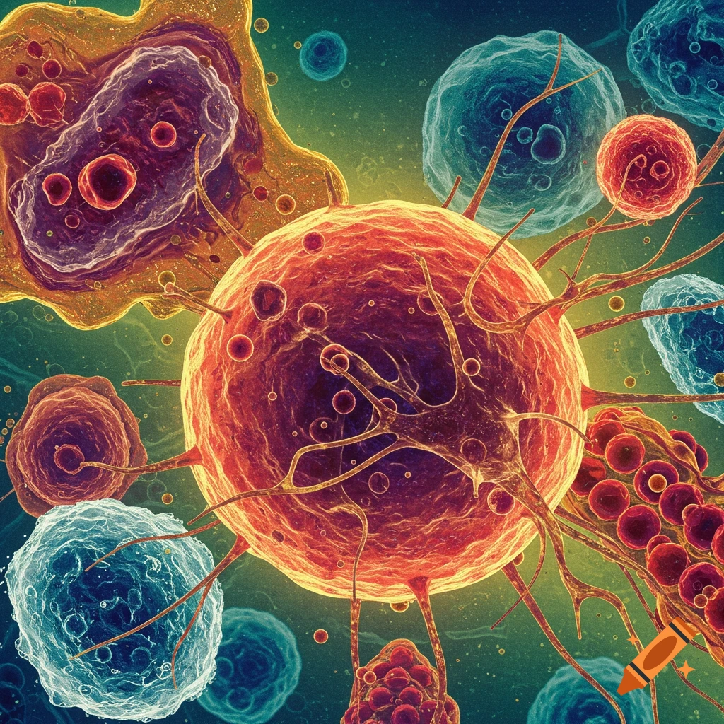 A colorful microscopic view of various cells or microorganisms with intricate details and textures, resembling genetic mutations.