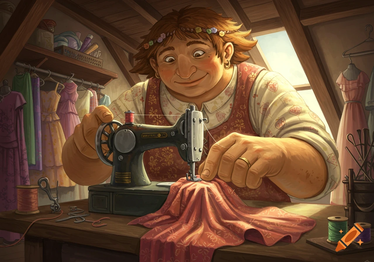 A smiling, large-nosed seamstress with a button headband intently sews red fabric on an antique sewing machine in an attic room filled with dresses.