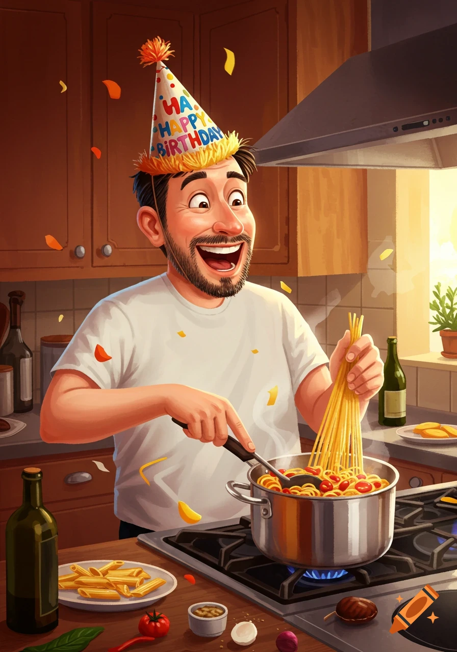 A man in a birthday hat smiles while cooking spaghetti in a kitchen, with confetti falling around him, in an illustrated style.