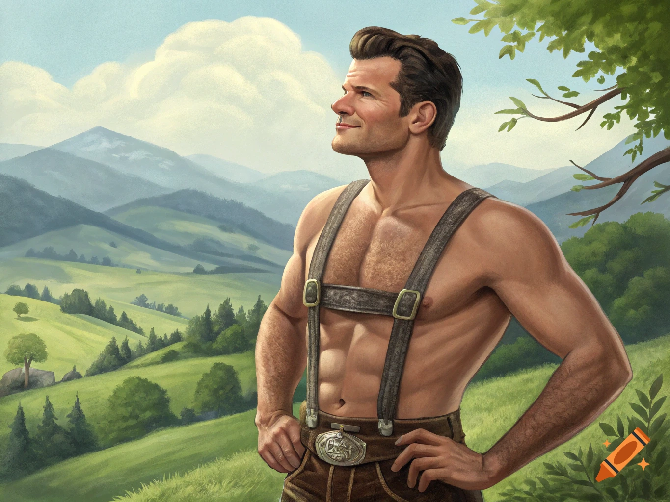 Shirtless man in lederhosen looking at the sky in a scenic mountain landscape painting.