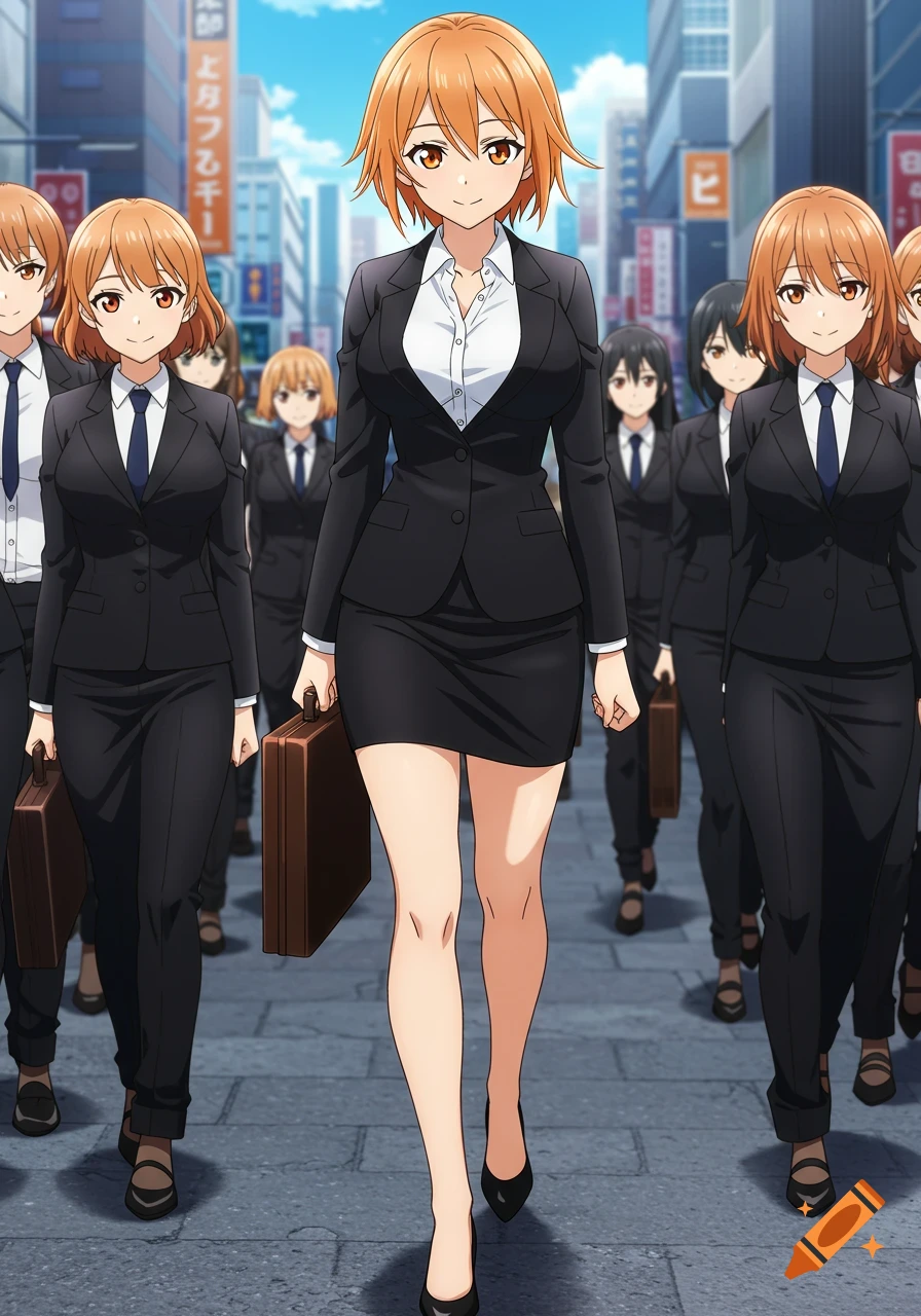 An anime-style drawing of a line of women in black suits walking down a city street, one woman prominently in the foreground.
