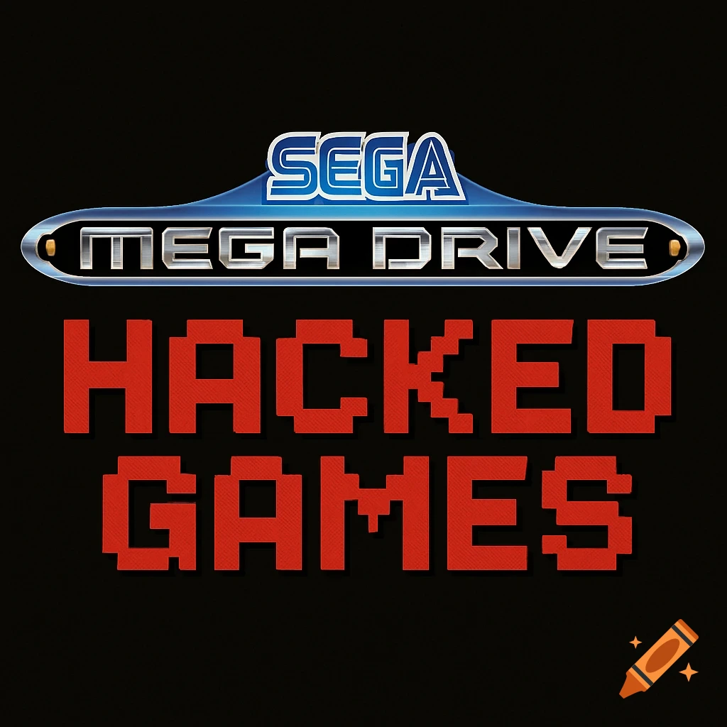 Sega Mega Drive Hacked Games logo with metallic blue and silver text for Sega and pixelated red text for Hacked Games on a black background.
