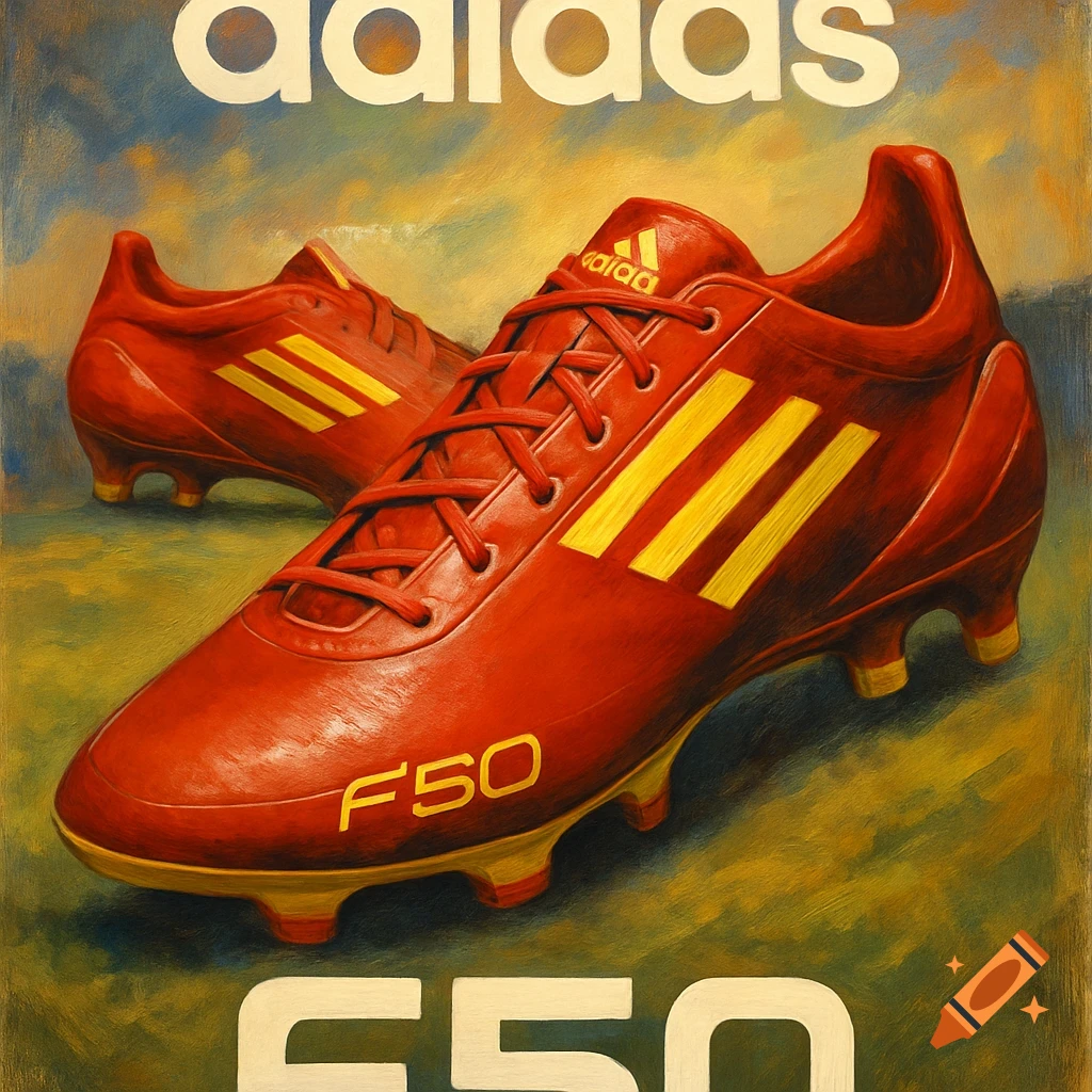 Red and yellow Adidas F50 soccer cleats in a painterly advertisement style with Adidas logo and F50 text.