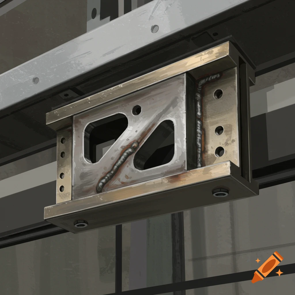 Close-up of a metal elevator guide rail bracket with visible welds and wear, in a rendered industrial style.