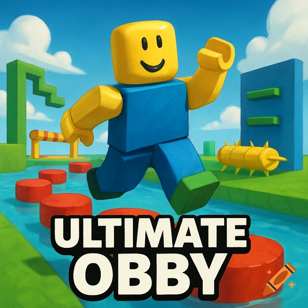 Roblox character runs on red platforms over water in an obstacle course with 'ULTIMATE OBBY' text.
