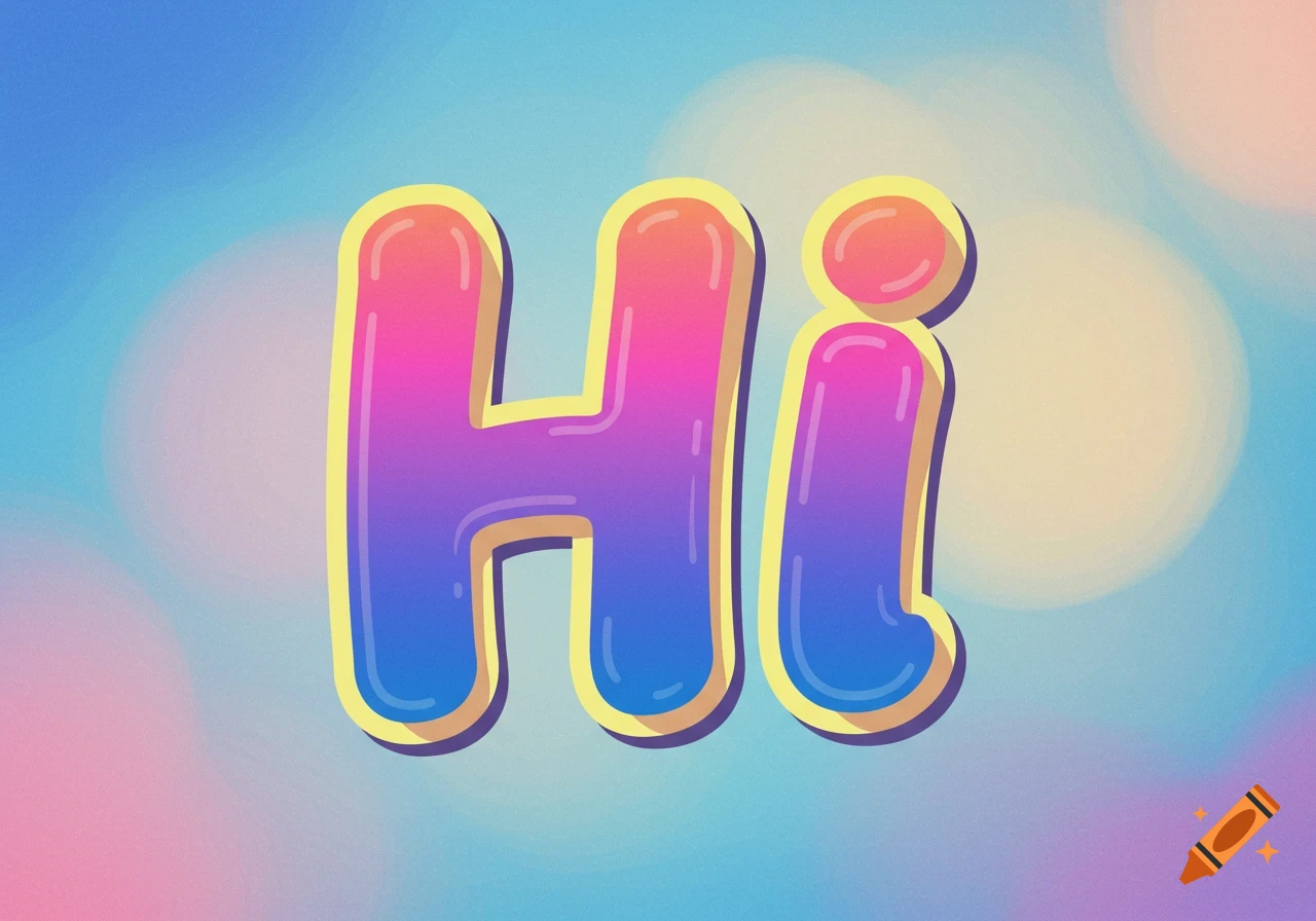 The word 'Hi' in large, colorful, bubbly text with a soft, blurred background.