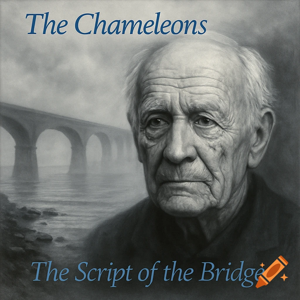 Grayscale portrait of an old man with a bridge over water in the background, featuring text 'The Chameleons' and 'The Script of the Bridge'.